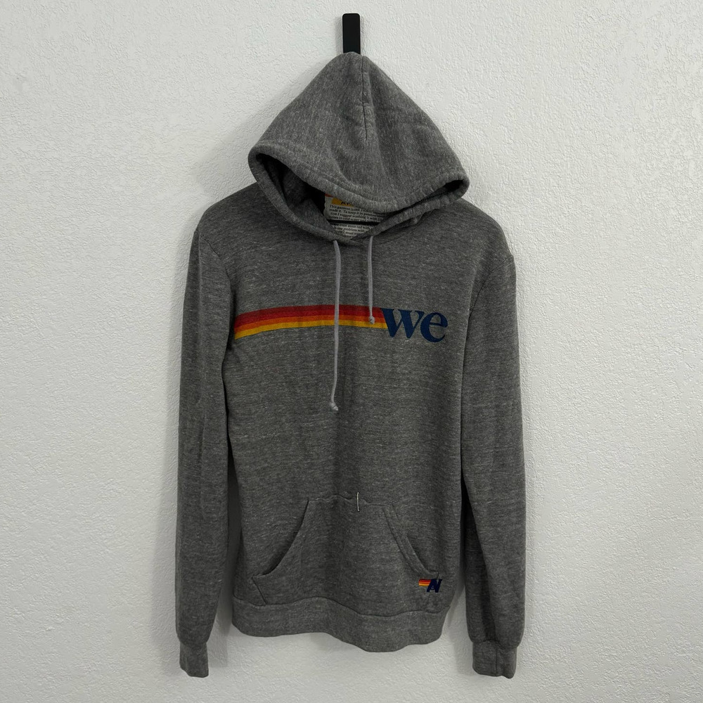Aviator Nation 4-Stripe We Drawstring Pullover Hoodie Sweatshirt Heather Grey L